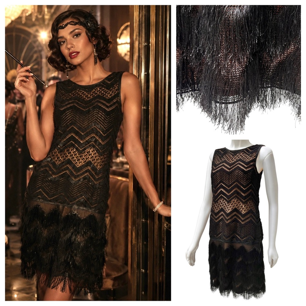 Chevron Lace Fringe Flapper Dress Black Gatsby Jazz Age Art Deco Whimsygoth Sz M